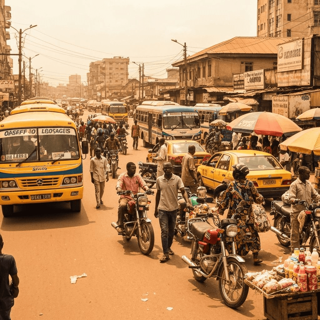 Lagos transportation chaos showing overcrowded buses and frustrated commuters